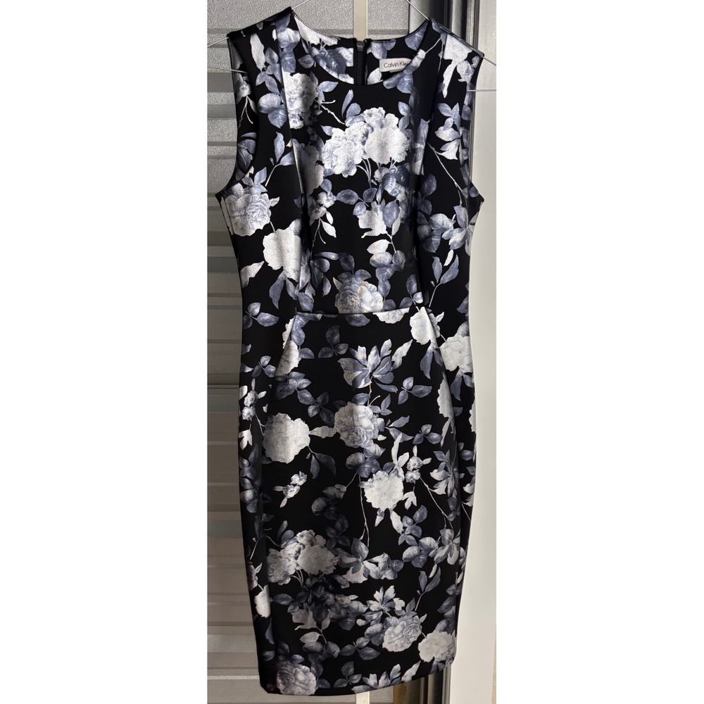 Calvin Klein Metallic Silver Floral Black Sheath Dress Sleeveless Size 6